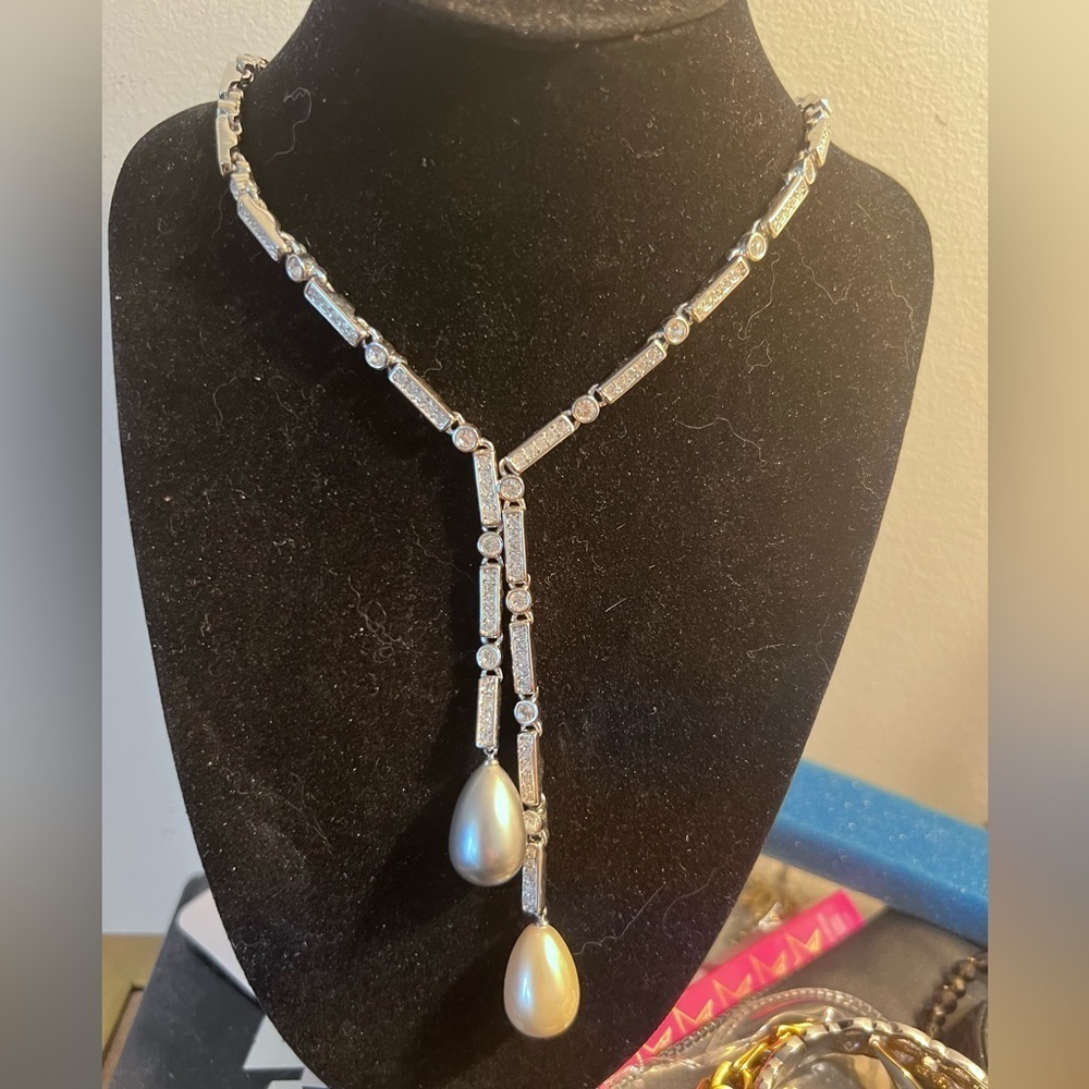 Kenneth Jay Lane Vintage CZ and Faux Pearls Drop Necklace